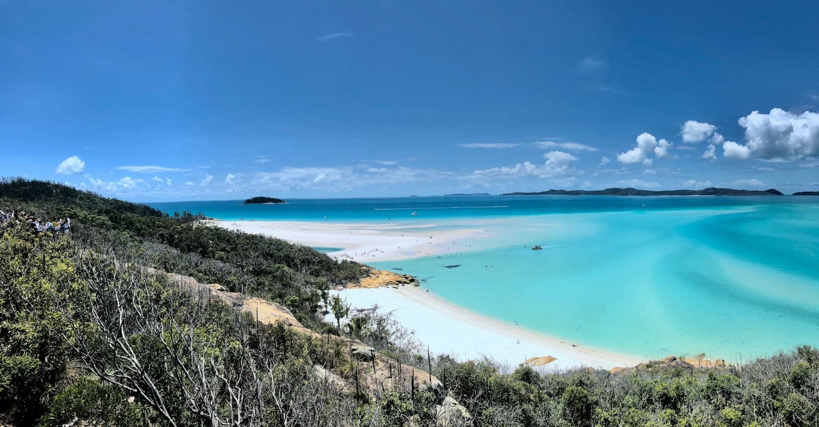 A view from a green hillside over a bay of swirling white sand and turquoise water.